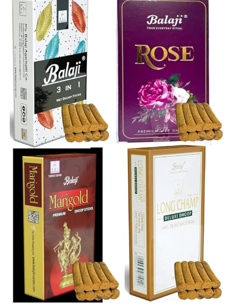 Balaji Premium Wet Dhoop Batti (Geeli) with Balaji 3 in 1, Rose, Long Champ, Marigold Fragrance Mix Combo